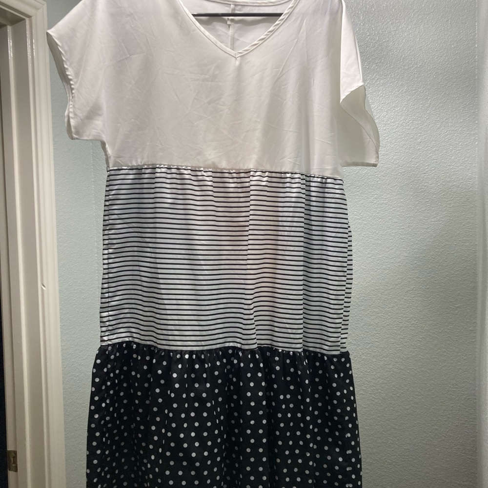 White and Black Striped and Polka Dot Dress